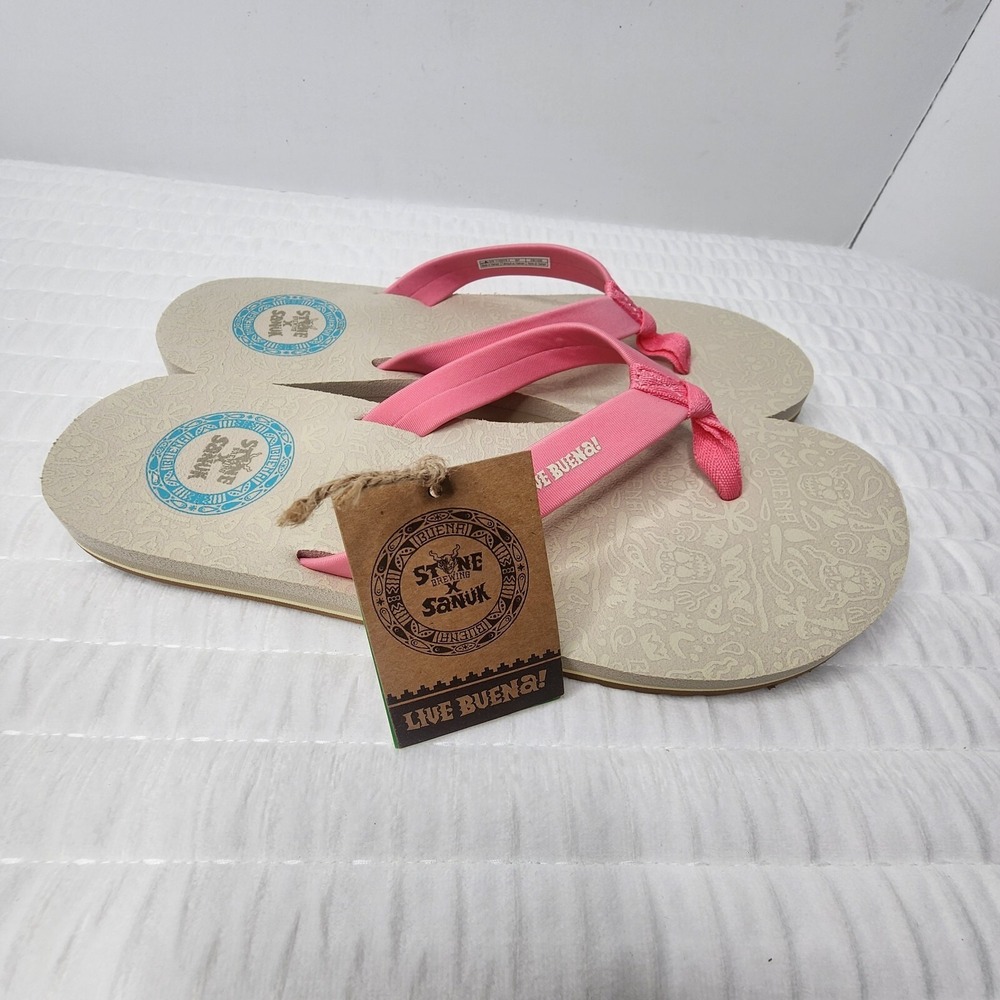 Sanuk Womens Ashland Street X Stone Brewing Sz 7 Tan/Khaki & Pink Flip Flops NWT